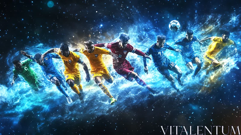 Soccer players sprint through cosmic blue energy field.