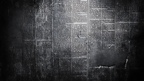 Weathered monochrome newspaper wall shows distressed paper texture