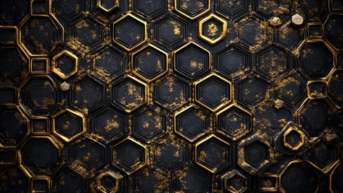 Luxurious Black and Gold Hexagonal Geometric Abstract Pattern.