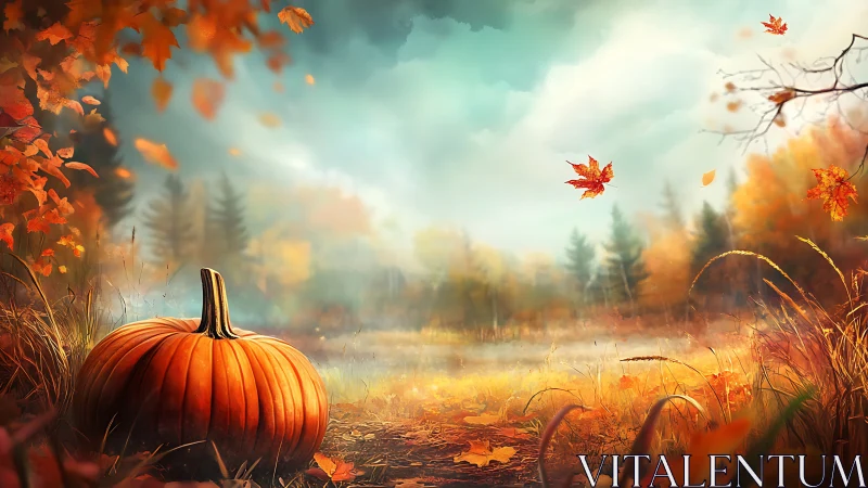 Autumn field panorama with foreground pumpkin and dynamic leaf motion