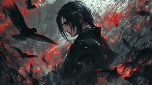 Brooding dark-haired warrior stands amid swirling black crows