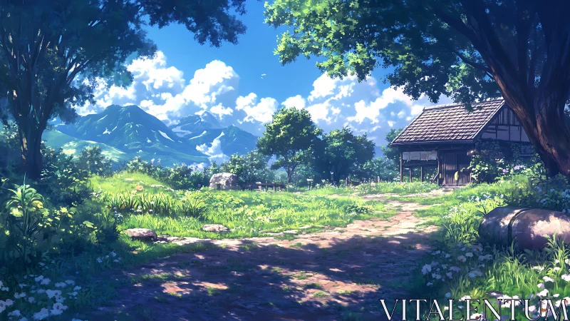 Sunny rural cottage beside mountain meadow path scene.