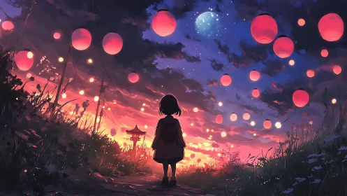 Lantern lit path under twilight festival sky with child silhouette