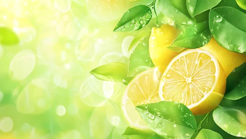 Citrus cross-sections with dewy foliage in luminous bokeh field.