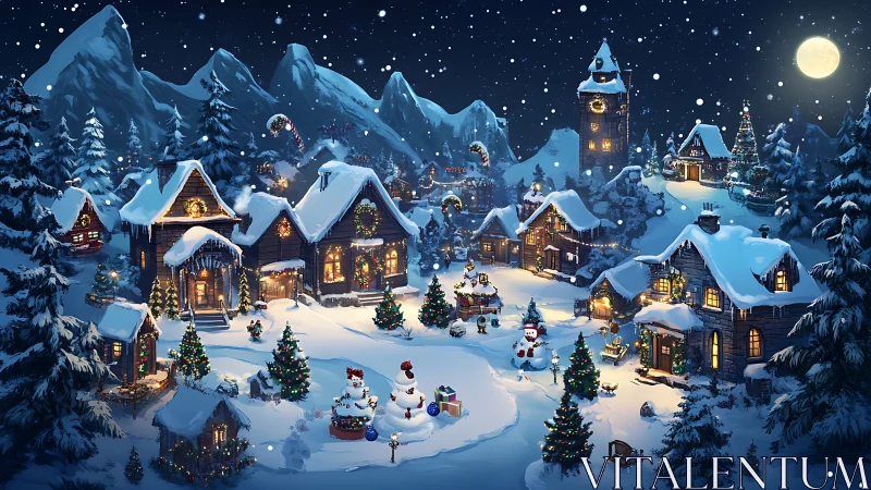 Cozy Christmas village glowing under a peaceful winter sky.