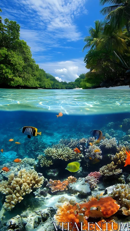Tropical reef split view with vivid coral and fish life.