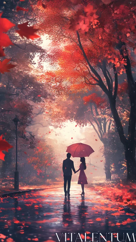Two figures holding umbrella walk through red autumn foliage