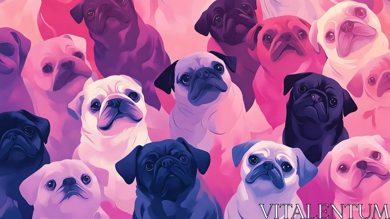 Colorful digital illustration of many pugs in pink tones.