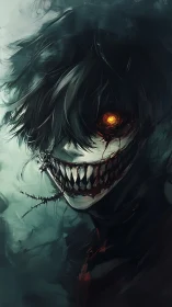 Demonic grin silhouette with burning eye in teal mist