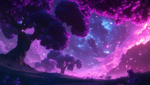 Celestial violet grove under luminous nebula skyscape.