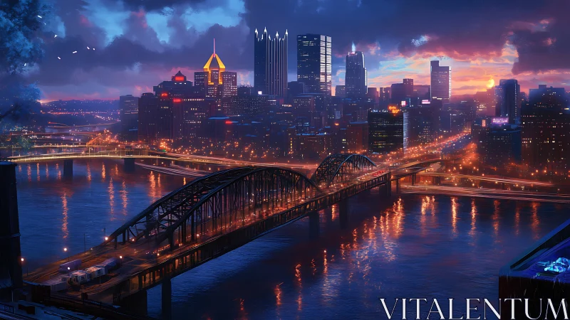 Neon city skyline glows over river bridges at dusk