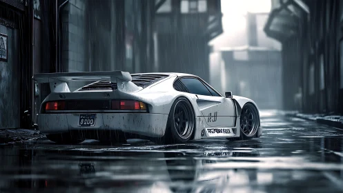 Widebody tuner car rendered in wet reflective alleyway under rain