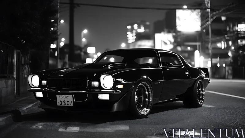 Midnight muscle car glows under city streetlights.