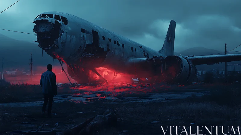 Man confronts glowing red wrecked airplane in dark landscape