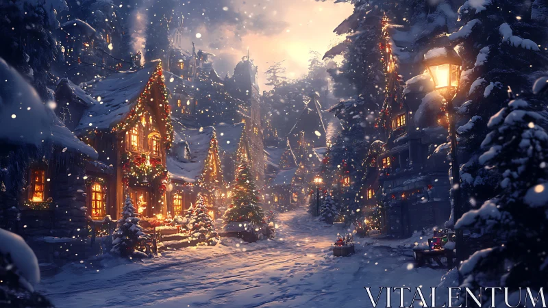 Snowlit Christmas village lane under warm lantern glow.