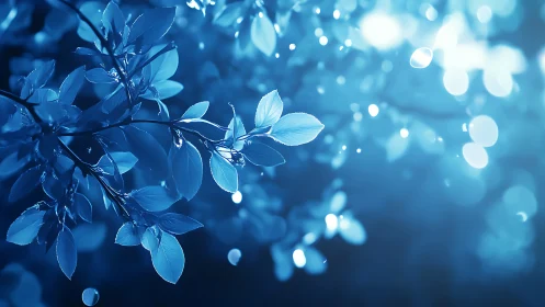 Moonlit blue leaves shimmer gently in a dreamy forest haze