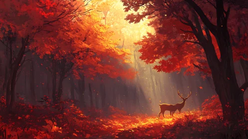 Deer in Autumn Forest with Golden Sunlight Through Fiery Canopy