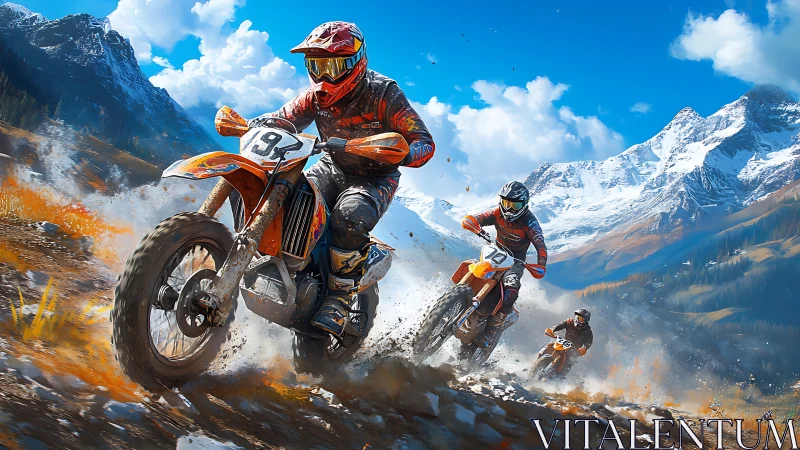 Motocross riders blast through rocky alpine trail at speed