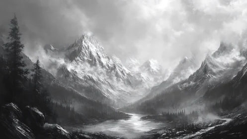Monochrome alpine range surrounds misted glacial valley river.