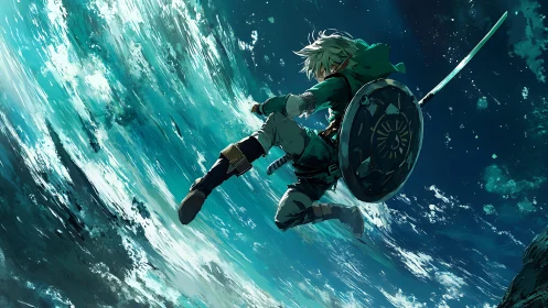 Sword-wielding hero dives through swirling teal sky.