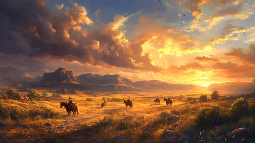 Sunlit riders traverse expansive western plains under dynamic clouds