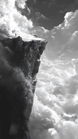 Lone dreamer stands on a vast cliff edge above the clouds