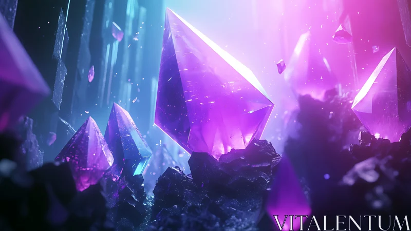 Spectral amethyst crystal cluster under volumetric neon lighting.