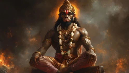 Divine warrior-monk Hanuman breathes calm into swirling fire