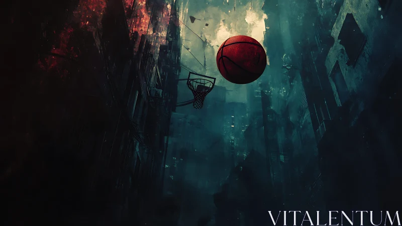 Midnight street basketball dream in a smoky city canyon.