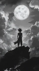 Silhouetted warrior under full moon atop stormy cliff.