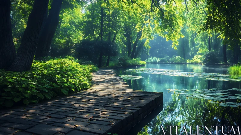 Shaded stone path curves beside calm pond in green park.