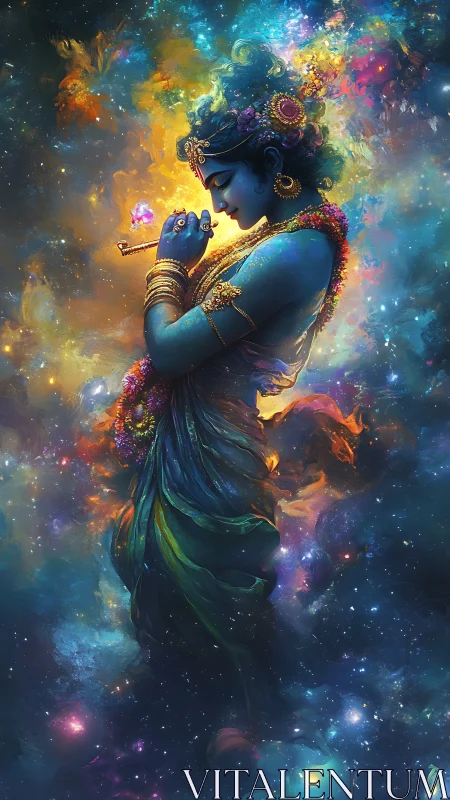Cosmic blue deity with flute in luminous nebular aurora field.