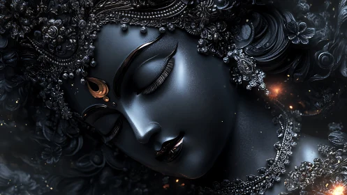 Divine obsidian goddess portrait with ornate filigree.