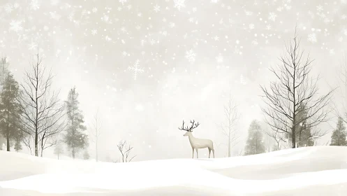 Lone reindeer standing in quiet snowy winter forest scene.