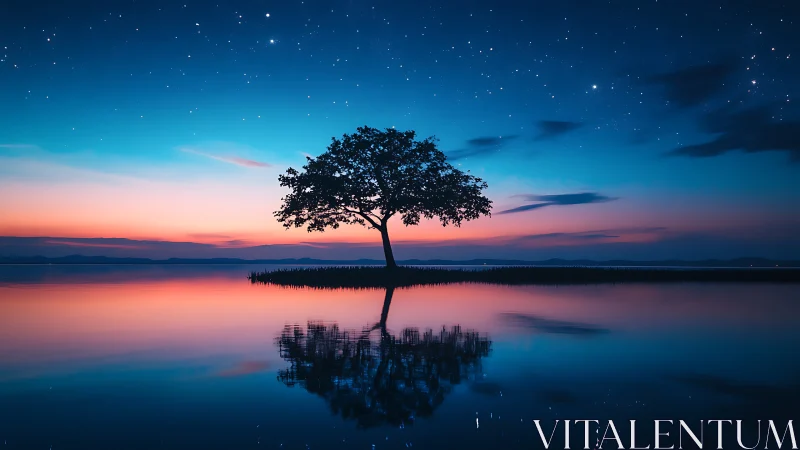 Solitary lakeside tree mirrored in twilight gradient sky.