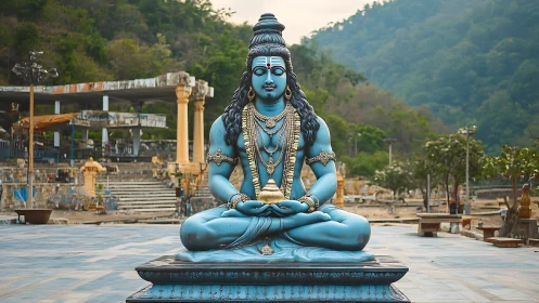Large blue Shiva statue seated in open hilltop temple courtyard.