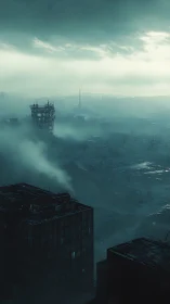 Mist-drowned future cityscape under a brooding teal sky.