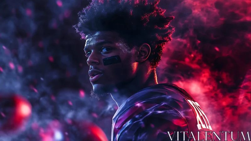 Gridiron portrait of football player in colored smoke field.