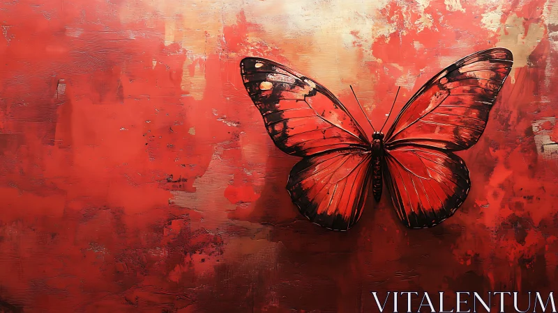 Red butterfly rests on textured crimson abstract canvas