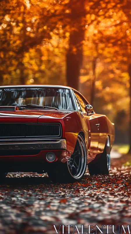 Crimson muscle car lounges beneath a glowing autumn canopy