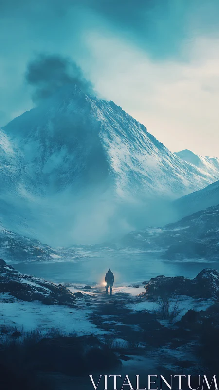 Lone wanderer with lantern below a brooding frozen colossus.