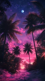 Neon tropical pathway under moonlit violet twilight sky.