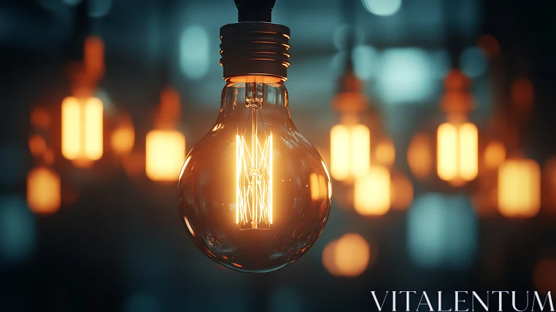 Incandescent bulb close-up with shallow depth and warm filament glow