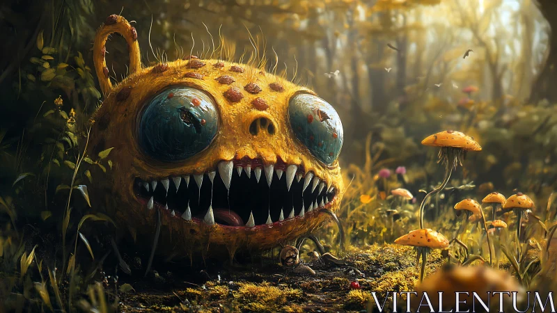 Furry forest monster crouches among glowing orange mushrooms