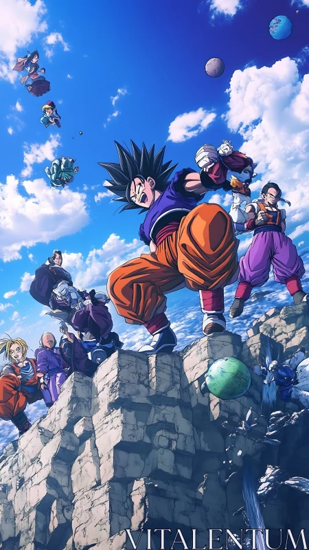 Dynamic heroes launch into action above rugged cliffs