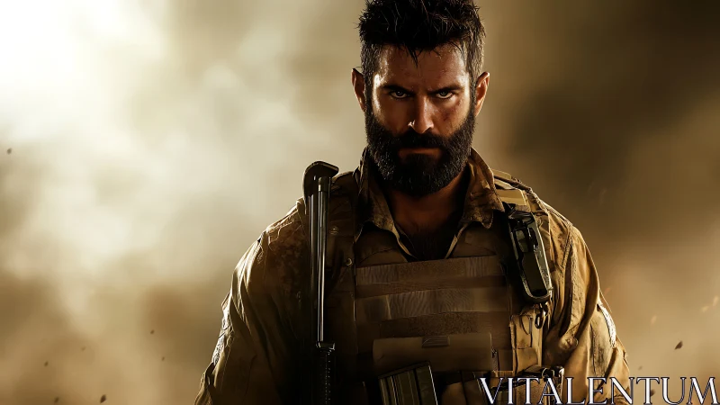 Battle-hardened soldier emerging through smoky backlight.