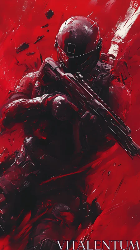 Armored figure with rifle is rendered against red abstract field