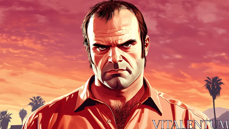 Digital painting portrait under neon sunset sky gradient.