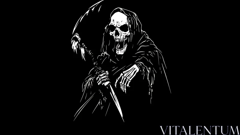 Grim reaper illustration with scythe in stark monochrome style.