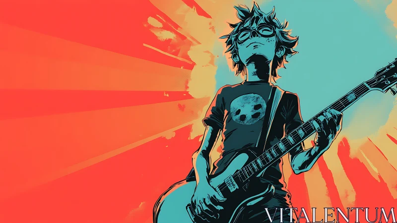 Guitar rebel under radiant rays in bold duotone style.